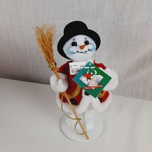Anna Lee Christmas Snowman With Broom & Red Coat New with Original Tag  9 1/2"